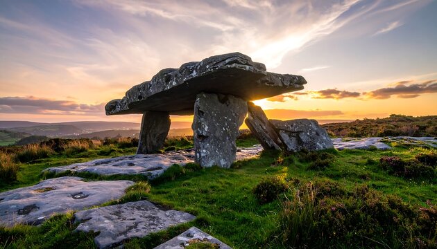 Ancient stone structure atop grassy hill, backlit by a warm sunset with distant hills - Powered by Adobe