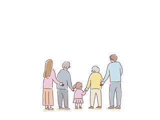 五人家族の後ろ姿、背中（祖父、祖母、夫婦、孫、娘）