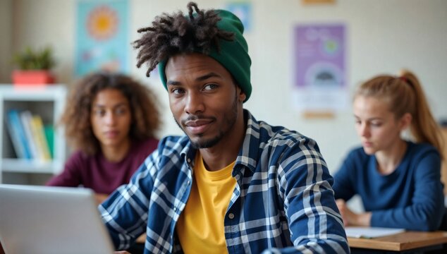 A young man in a green beanie smiles confidently with fellow students studying in the classroom
