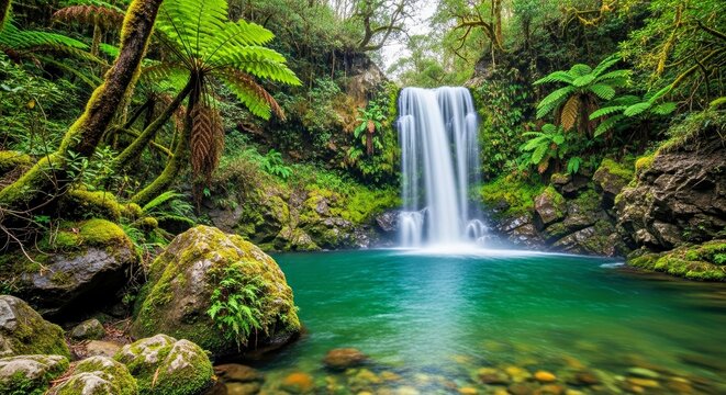 Hyperrealistic Waterfall Cascading Into an Emerald Pool in a Lush Setting