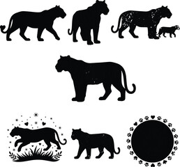 Panther silhouette illustration set, graceful and symbolic poses with cub, leaping, emblem, stars, perfect for wildlife clipart, emotional decor, vector art, animal icon