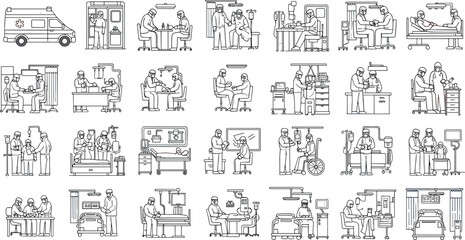 Medical line icons set showing hospital scenes, doctors performing surgery, patient care, ambulance, consultation, examination, and healthcare staff wearing masks, vector.