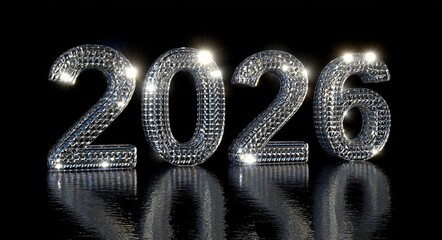 3d text "2026" with a diamond on a black background, in golden and silver colors