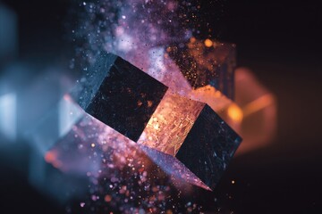 Cosmic Monolith Shattering, Revealing a Molten Gold Core in a Purple Nebula.