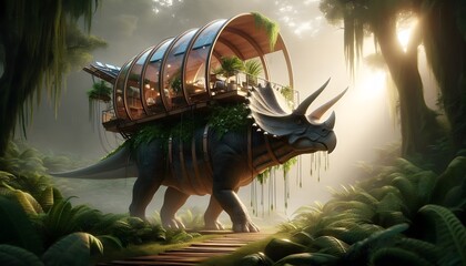 Solarpunk concept art of a Triceratops dinosaur carrying a modern eco-friendly wooden house on its back walking through a lush tropical jungle forest.