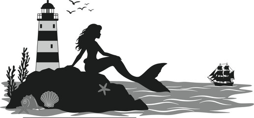 Mermaid on coastal rock with lighthouse and sailing ship, silhouette vector illustration for nautical fantasy, storytelling, and ocean mythology concept © Shilpi