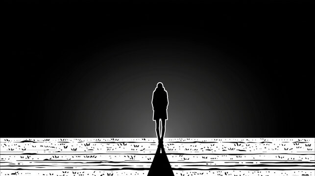 Graphic stock asset utilizing extreme black and white contrast to convey solitude and determination in a vast space.
