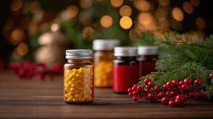 christmas background with red and white pills, green pine branches, pine cones, and a multicolored capsule bottle of medicine on a wooden table