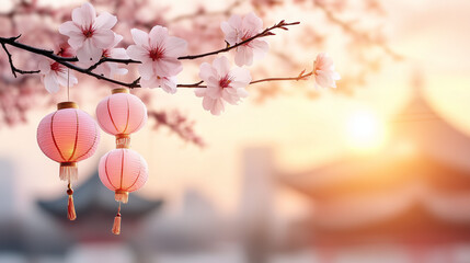 Decorative Pink Lanterns Surrounded by Cherry Blossoms