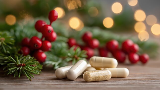 christmas background with festive decorations and pills or vine capsules on a wooden table, natural light, and a bokeh effect. - Powered by Adobe