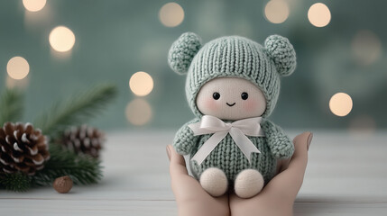 Christmas Gift Doll Wrapped in Ribbon Held by Hand in Green Festive Setting