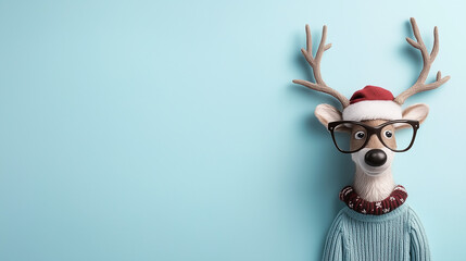 Cute Reindeer Wearing Santa Hat and Christmas Jumper on Blue Background