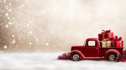 Red Toy Truck Delivering Wrapped Gifts for Festive Christmas Theme