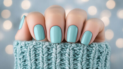 Teal Nail Polish on Manicured Nails with Cozy Teal Knitted Sweater