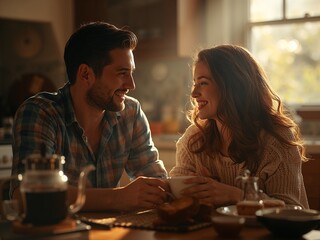 A happy couple enjoys a beautiful, sunlit breakfast together in a cozy kitchen setting. They are smiling and sharing a romantic, intimate moment over coffee and food.