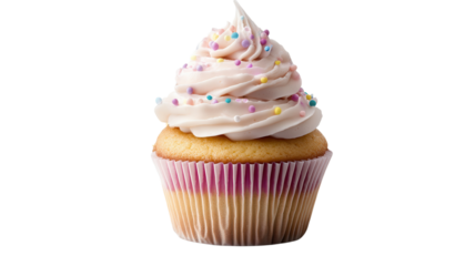 A single cupcake rests on a plain surface, topped with swirls of pink frosting and vibrant sprinkles.