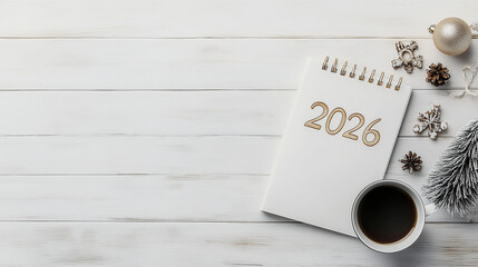 Festive Workspace with 2026 Numbers, Notebook, Coffee Cup, and Seasonal Decor