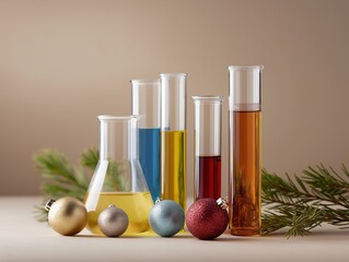 Laboratory beakers and test tubes partially filled with colorful liquids, small Christmas ornaments placed beside them