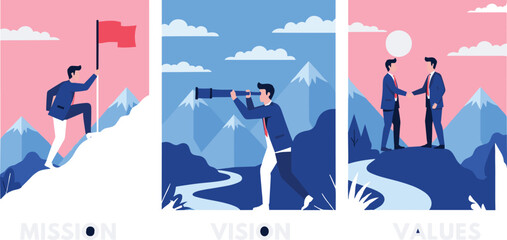 Mission, vision, values concept illustration, goal achievement, strategic foresight, ethical collaboration, mountain summit, telescope view, handshake symbolism, vector design