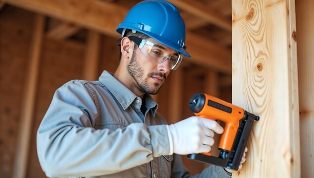 Focused construction worker fastens wood stud with nail gun wearing safety gear for building