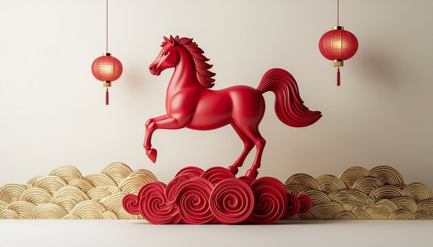 Celebrate Lunar New Year with this striking red horse and lantern design perfect for greeting cards, festive promotions, and cultural event announcements