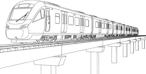 Modern electric metro train on elevated railway line art illustration, urban mass transit system and public transportation vector drawing, infrastructure engineering graphic. © Shilpi