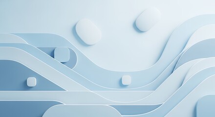 Abstract Blue Wavy Background with Spheres and Curves.