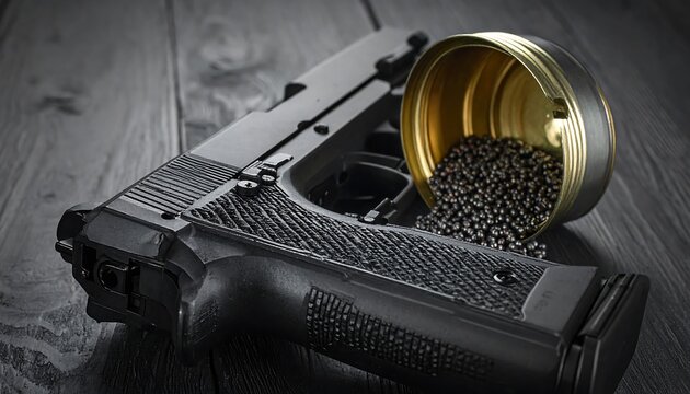 Black pistol resting beside a gold container overflowing with small, black pellets on dark wood