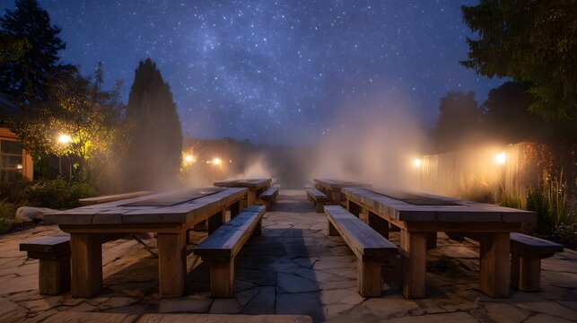 Nighttime outdoor seating area featuring long wooden tables with rising steam and benches illuminated under a vast starlit sky - Powered by Adobe