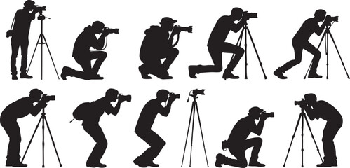 Silhouette of photographers in various poses with cameras and tripods