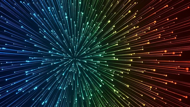 Explosion of vibrant rainbow colored light streaks radiating outwards from a central point in abstract motion