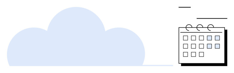 Cloud alongside a calendar with simplified details, representing storage, time management, and organization. Ideal for productivity, scheduling, planning, cloud services, task tracking data