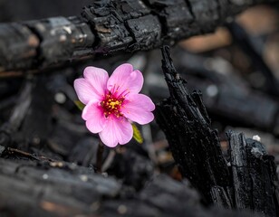 Bright pink blossom bursts forth amidst charred wood, contrasting textures and tones highlighting resilience and hope
