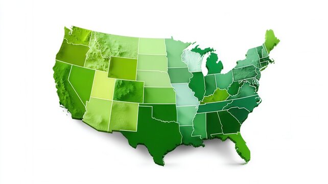 United states map showing states with green texture variation representing environmental data or economic growth
