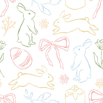 Seamless Easter pattern with cute bunny, egg, bow and floral lineart. Colorful pastel doodle design for festive spring celebration. Playful whimsical background for nursery and craft print.