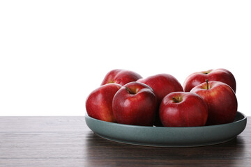 Ripe red apples on wooden table against white background, closeup. Space for text