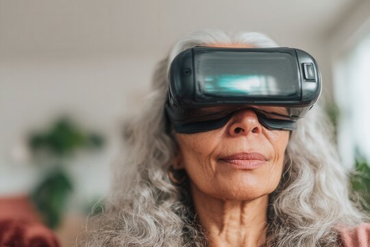 Senior woman wearing a virtual reality headset, exploring future technology and metaverse - Powered by Adobe