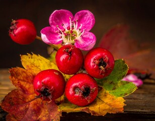 Bright pink flower and red berries sit atop colorful autumn leaves on a wooden surface