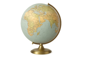 Vintage globe showing earth's geography with transparent background, symbolizing travel, education, and exploration