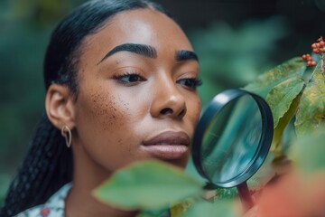 Young black woman closely examining plant leaves and berries using a magnifying glass outdoors