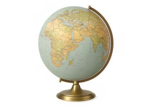 Vintage globe showing earth's geography with transparent background, symbolizing travel, education, and exploration - Powered by Adobe