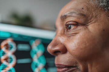 African american woman concentrating on digital dna strand displaying genetic data