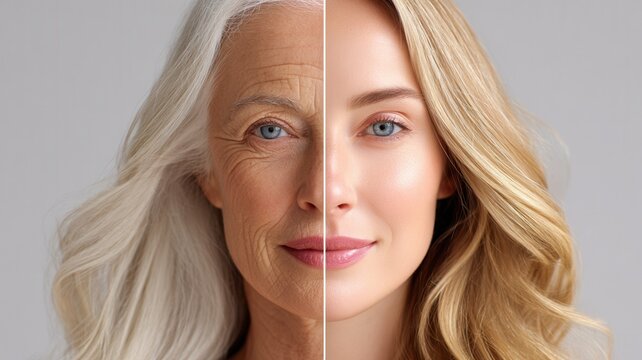 Woman's split face showing the aging process, comparing youthful smooth skin with wrinkled mature skin