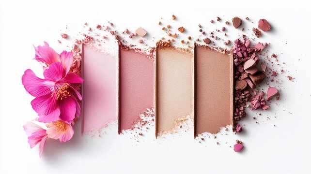 Cosmetic powder swatches in pink and nude shades with vibrant hibiscus flowers, illustrating natural beauty products - Powered by Adobe