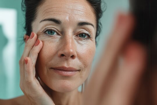 Mature woman applying a beauty product to her cheek, looking directly - Powered by Adobe
