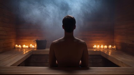 A man sits in a dimly lit steamy wooden sauna surrounded by flickering candles promoting relaxation and well being