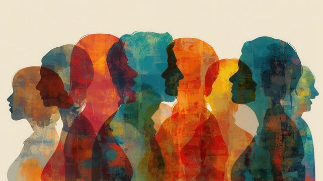 Diverse human profiles overlapping, depicting concepts of unified community, empathy, and social connection