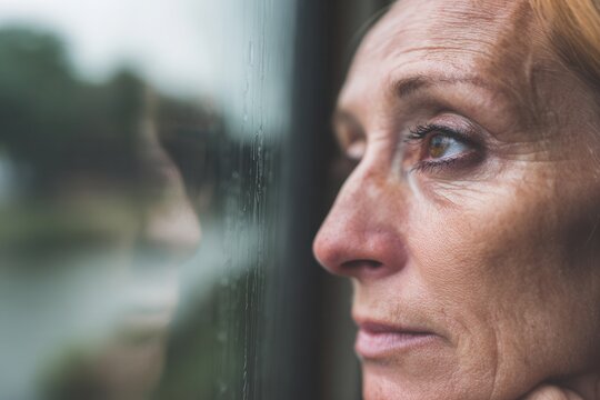 Woman looking thoughtfully out a rainy window, symbolizing reflection and solitude - Powered by Adobe