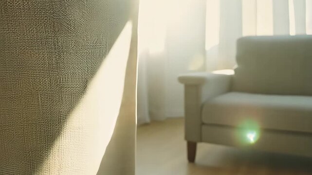 Serene Morning Light Filtering Through Curtains in a Cozy Living Room