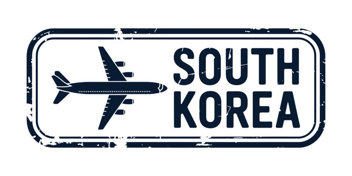 South korea travel stamp with airplane silhouette and distressed texture